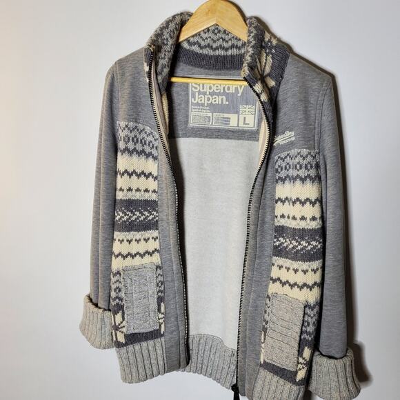Superdry Grey fleece lined grey knit front sweater jacket Size Large coatigan - Picture 8 of 12